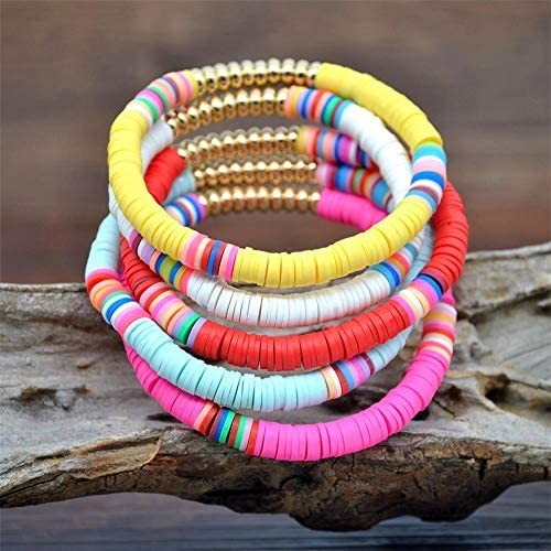 5 Pcs Colorful Sliced Clay Bracelets Handmade Rainbow Polymer Elastic Rope Boho Beaded Bracelet Set Summer Beach Surf Stackable Stretch Colorful Bracelets Jewelry for Women