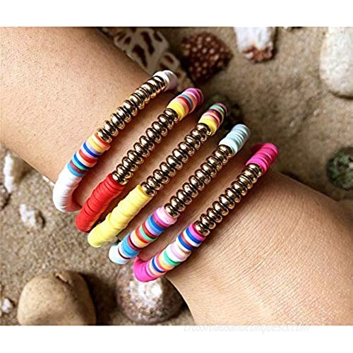 5 Pcs Colorful Sliced Clay Bracelets Handmade Rainbow Polymer Elastic Rope Boho Beaded Bracelet Set Summer Beach Surf Stackable Stretch Colorful Bracelets Jewelry for Women
