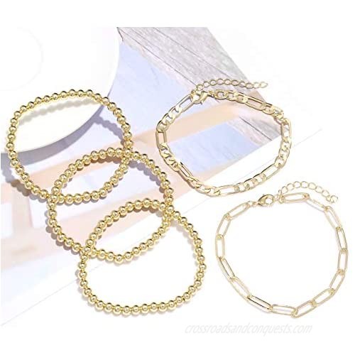 Beaded Bracelets for Women Stack Stretch Gold Silver Small Ball Beads Bracelets Dainty Paperclip Figaro Link Chain Bracelet Ankle for His and Her
