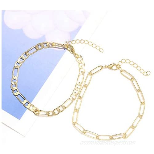Beaded Bracelets for Women Stack Stretch Gold Silver Small Ball Beads Bracelets Dainty Paperclip Figaro Link Chain Bracelet Ankle for His and Her