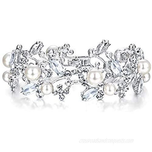 EVER FAITH Austrian Crystal White Simulated Pearl Bridal Floral Leaf Tennis Bracelet Clear