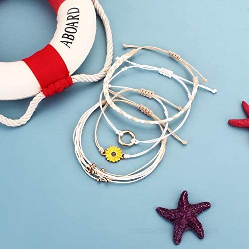 FANCY SHINY Sunflower String Bracelet Handmade Braided Rope Charms Boho Surfer Bracelet for Teen Girls Women