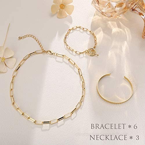 iF YOU Gold Chain Bracelet and Choker Necklace Sets for Women Girls 14K Gold Plated Bangle Adjustable Figaro Paperclip Link Bracelet Jewelry