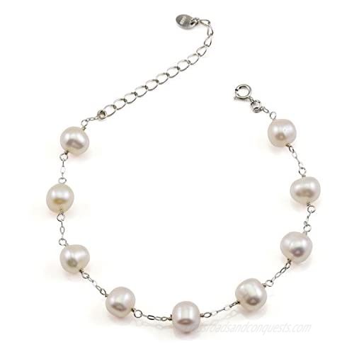 JFUME Fine Jewelry 14K Gold Plated or 925 Sterling Silver Pearl Bracelet Station Bracelet Adjustable Women 7.5" with Extension Chain