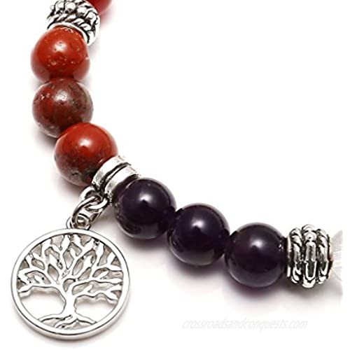 Jovivi 7 Chakra Gemstone Healing Crystal Stretch Bracelet Natural Round Stone Beads Bracelet Yoga Balancing Meditation w/Tree of Life Lotus Charm