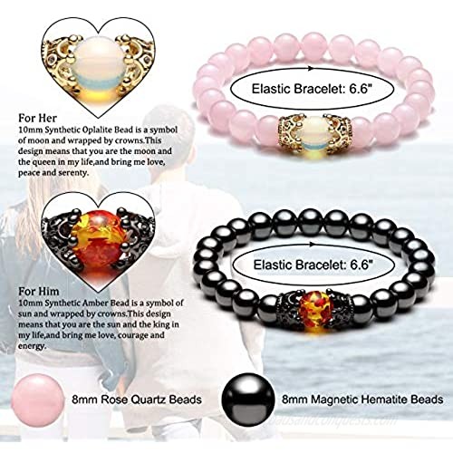 Jovivi King&Queen Crown Distance Couple Bracelets for Men Women 8mm Natural Stone Healing Energy Beads Stretch Bracelet