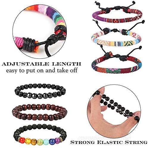 Jstyle 15Pcs Ethnic Tribal Bead Bracelet for Men Women Boho Hemp Cords Wood String Bracelet Woven Strand Bracelet