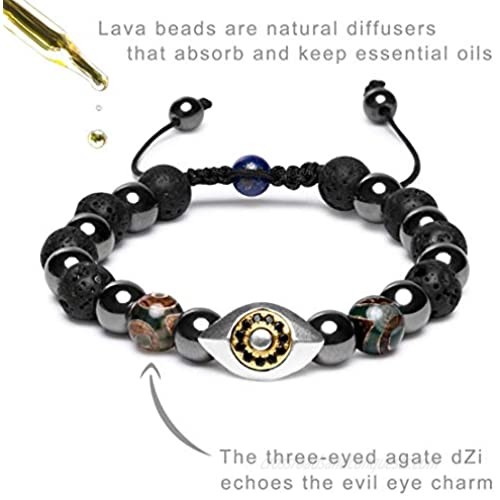 Karseer Hamsa Evil Eye Bracelet Natural Hematite and Lava Rock Aromatherapy Essential Oil Diffuser Bracelet Anti Anxiety Stress Relief Jewelry Gift Unisex