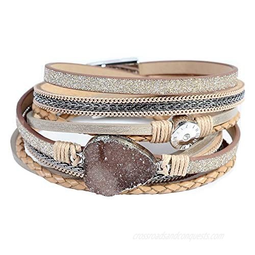 Leather Wrap Bracelet for Women - Handmade Clasp Bangle Bracelet with Pearl Beads Crystal Wristbands Jewelry Gift for Sisters  Teen Girls and Mother