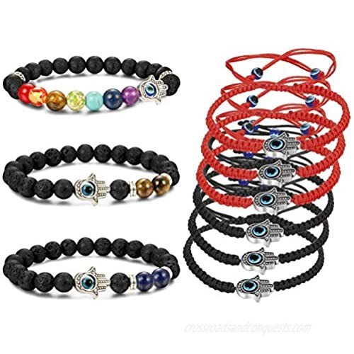 LOYALLOOK Evil Eye Lava Stone Bracelet Braided String Kabbalah Bracelets Handmade String Bracelets Essential Oil Diffuser Bracelet for Men Women  9PCS