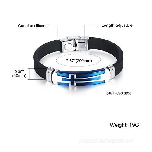 M.JVisun Cross Silicone Sport Wristband Bangle Bracelet Stainless Steel Design Black/Blue 7.87 inch