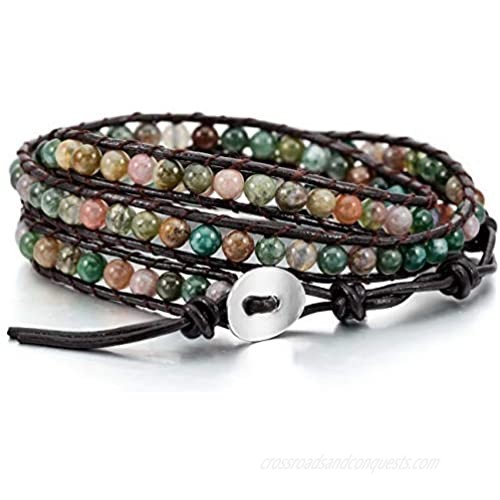 MOWOM Layered Bracelets for Women Men Boys Girls Genuine Leather Bracelet Rope Bangle Cuff Crystal Gemstone Bohemian Style & Beads Braided 3/5 Wraps Adjustable Handmade Jewelry Gifts
