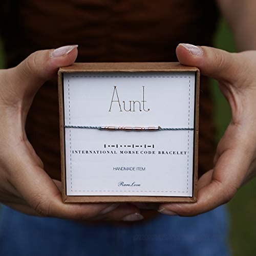 RareLove Aunt Morse Code Bracelets Best Aunt Christmas Gift Women Girls Rose Golden Beads Grey String Bracelet