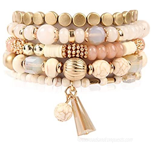 RIAH FASHION Bohemian Mix Bead Multi Layer Versatile Statement Bracelets - Stackable Beaded Strand Stretch Bangles Sparkly Crystal  Tassel Charm