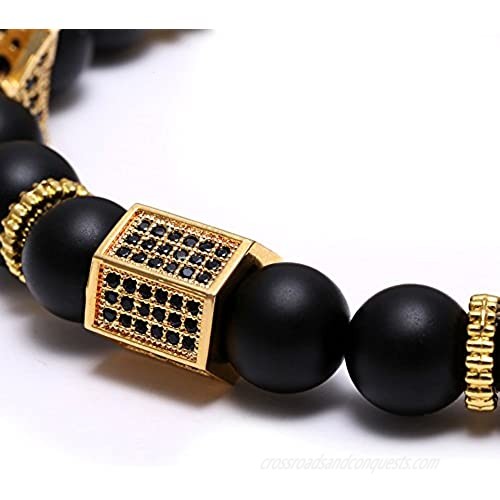 SEVENSTONE 8mm Crown King Charm Bracelet for Men Women Black Matte Onyx Stone Beads 7.5