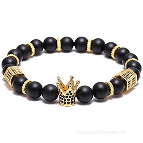 SEVENSTONE 8mm Crown King Charm Bracelet for Men Women Black Matte Onyx Stone Beads  7.5"
