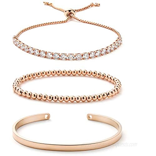 Starain 18K Gold Plated Tennis Bracelets for Women White Cubic Zirconia Bling Bracelet Gold Copper Beaded Bracelet Cuff Bracelet Set