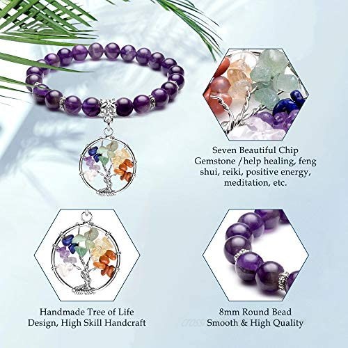 Top Plaza Healing Crystals Beaded Bracelet 7 Chakra Yoga Meditation Stone Bracelets Tree of Life Stretch Bracelet for Women Girls
