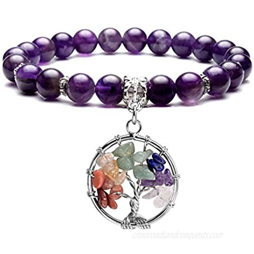 Top Plaza Healing Crystals Beaded Bracelet 7 Chakra Yoga Meditation Stone Bracelets Tree of Life Stretch Bracelet for Women Girls