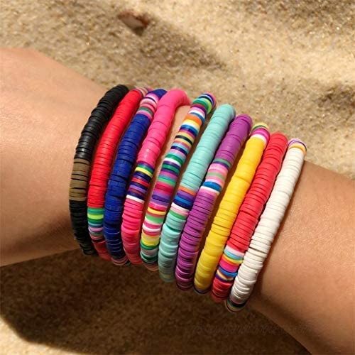 10 PCS Handmade Rainbow Bead Bracelet Set Colorful Polymer Clay Disc Beads Waxed String Bracelets Boho Surf Stackable Stretch Charm Bracelet Jewelry Bracelets for Women Girl-A