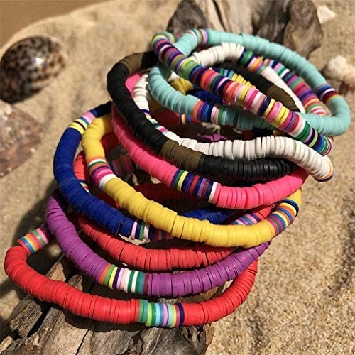 10 PCS Handmade Rainbow Bead Bracelet Set Colorful Polymer Clay Disc Beads Waxed String Bracelets Boho Surf Stackable Stretch Charm Bracelet Jewelry Bracelets for Women Girl-A