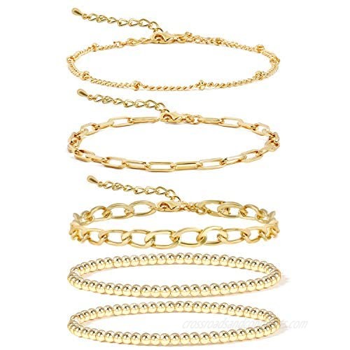 14K Gold Beaded Bracelets for Women Dainty Gold Plated Chain Link Bracelet Stretchable Adjustable Bracelet……