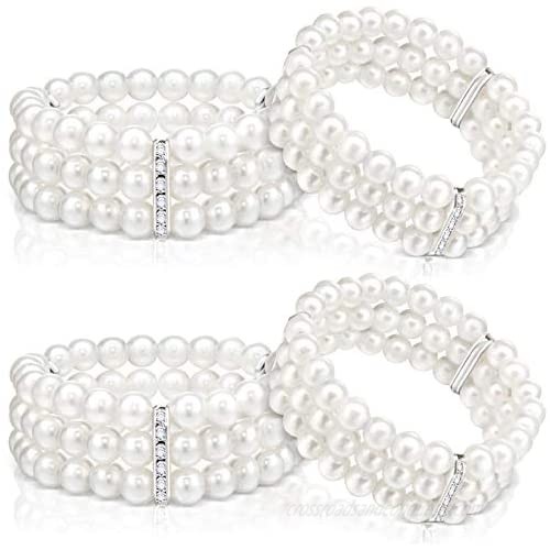 4 Piece Faux Pearl Bracelet 3-Row Pearl Stretch Bracelet Multilayer Pearl Elastic Bangle for Wedding Jewelry 1920s Costume