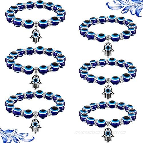 6 Pieces Evil Eye Beaded Charm Bracelets Blue Eye Bead Hamsa Stretch Bracelet Hand of Fatima Turkish Lucky Bracelet for Women Men for Protection and Blessing  2 Sizes