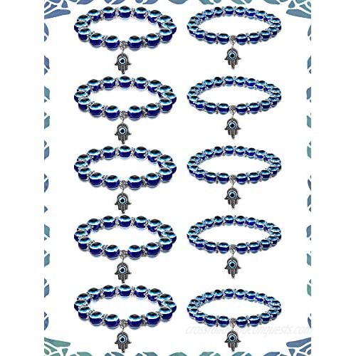 Blue Evil Eye Bracelet for Protection 8mm 10mm Hamsa Hand of Fatima Beaded Charm Bracelets Blue Eye Stretch Amulet Bracelets for Women Men
