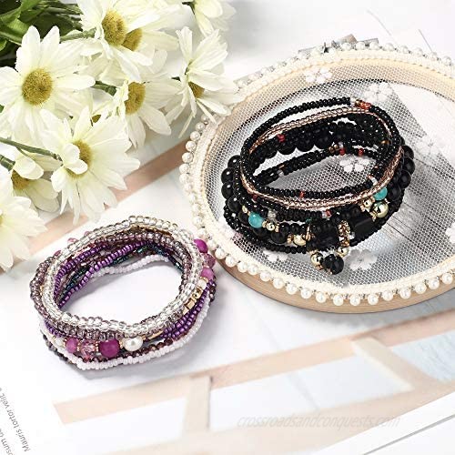CASSIECA 6 Sets Bohemian Stackable Bracelets for Women Multilayered Stretch Bead Bracelet Set Boho Bangles Multicolor Fashion Jewelry