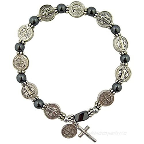 CB Silver Tone Saint Benedict Medal Hematite Bead Rosary Bracelet 7 1/2 Inch