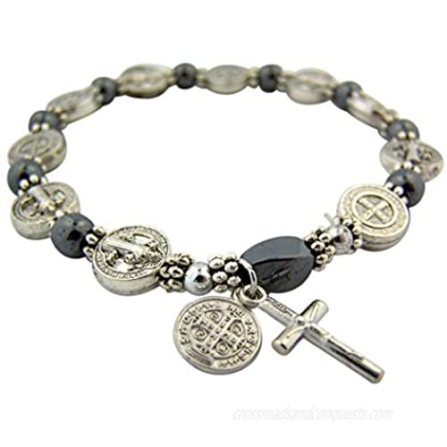 CB Silver Tone Saint Benedict Medal Hematite Bead Rosary Bracelet  7 1/2 Inch
