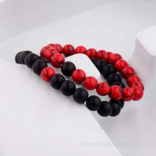 CNLQ Long Distance Bracelets For Lovers Couples Matching Gift Matte Agate 8mm Bead Stone (Elastic Red)