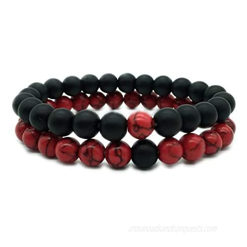 CNLQ Long Distance Bracelets For Lovers Couples Matching Gift Matte Agate 8mm Bead Stone (Elastic Red)