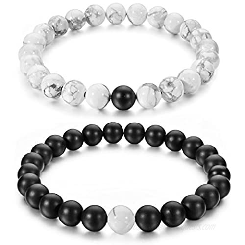 Couples His and Hers Bracelet Black Matte Agate & White Howlite 8mm Beads By Long Way 7.1&7.5