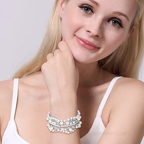 EVER FAITH Austrian Crystal Simulated Pearl Bridal Flower Stretch Bracelet Clear Silver-Tone