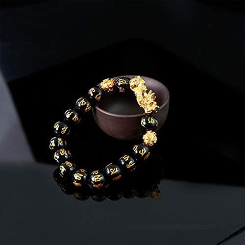Feng Shui Black Obsidian Wealth Bracelet Feng Shui Pi Xiu 12mm Black Hand Carved Mantra Adjustable Elastic Bead Bracelet for Men Women Attract Wealth Money Feng Shui Bracelet