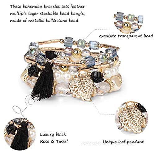 FIBO STEEL 6 Sets Bohemian Stackable Bead Bracelets for Women Stretch Multilayered Bracelet Set Multicolor Jewelry