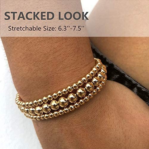 fzbali 3 Pcs Gold Beaded Bracelets Men Women Elastic Copper Beads Balls Stretch Bracelet Anklet Fashion Stacking Bracelets Cuff Set Jewelry (6mm+4mm)