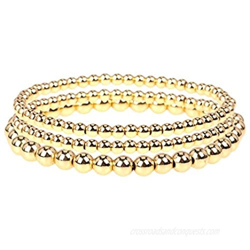 fzbali 3 Pcs Gold Beaded Bracelets  Men Women Elastic Copper Beads Balls Stretch Bracelet Anklet  Fashion Stacking Bracelets Cuff Set Jewelry (6mm+4mm)