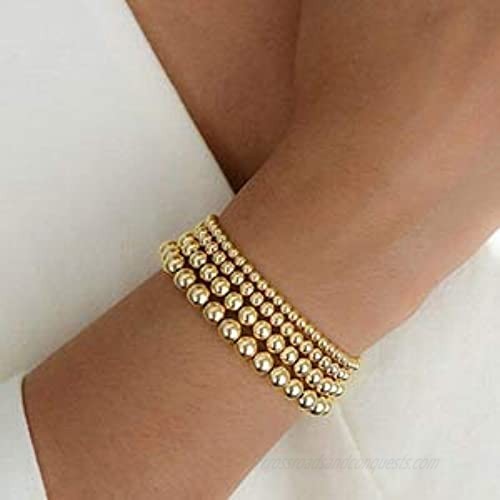 Gold Bead Bracelet for Women 14K Gold Plated Bead Ball Bracelet Stretchable Elastic Bracelet