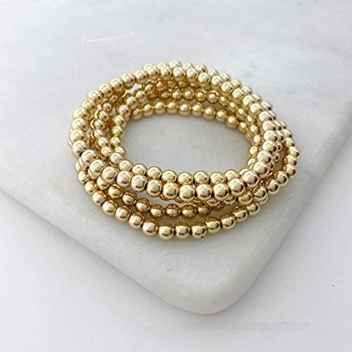 Hapuxt Gold Bead Bracelets for Women 14K Gold Plated Stretchable Beaded Bracelet Elastic Layered Gold Ball Bracelets Sets for Teen Girls