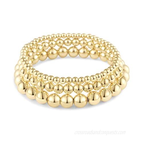 Hapuxt Gold Bead Bracelets for Women 14K Gold Plated Stretchable Beaded Bracelet Elastic Layered Gold Ball Bracelets Sets for Teen Girls