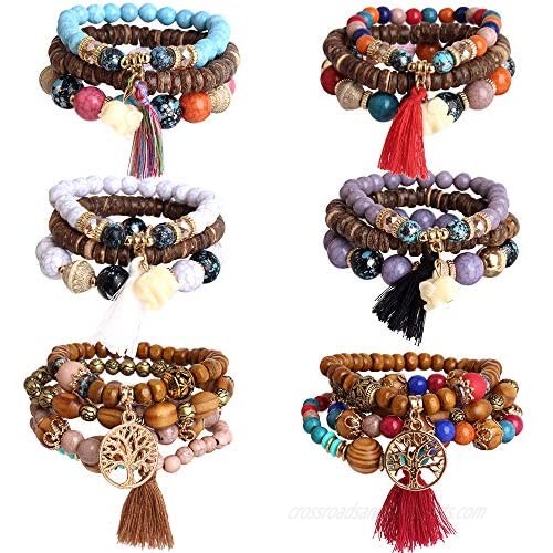 Hicdaw 6 Sets Bohemian Bracelets for Women Multilayer Tassel Bracelet Set Gifts for Women Girls