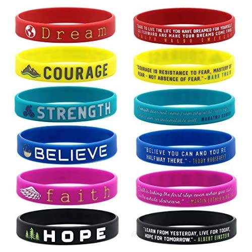 Inkstone - 12-pack Inspirational Quote Bracelets - Dream Courage Strength Believe Faith Hope - Wholesale Pack of 1 Dozen Silicone Rubber Wristbands in Bulk - Party Favors Gifts for Teens Adults