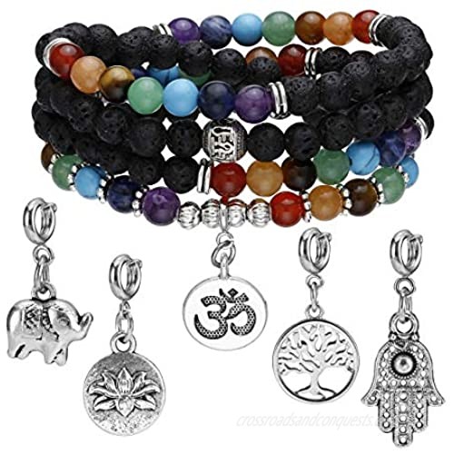 Jovivi 6mm Mala Beads 108/Lava Rock 7 Chakra Tree of Life/Hamsa/OM/Lotus/Elephant Charm Healing Crystal Bracelet Necklace