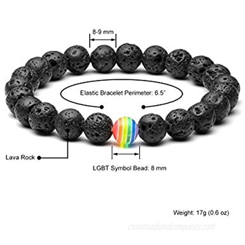 Jovivi LGBT Relationship Bracelet Rainbow Pride White Howlite/Black Lava Rock Beads Oil Diffuser Bracelets for Men Women