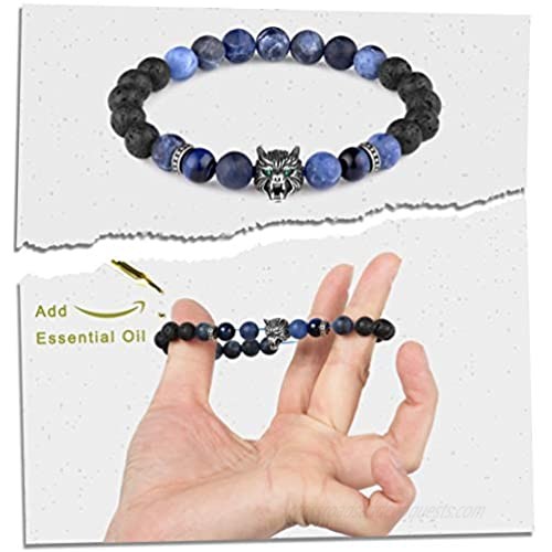 Karseer Viking Wolf Head Charm Healing Crystal Stress Relief Anti Anxiety Energy Stone Beaded Bracelet