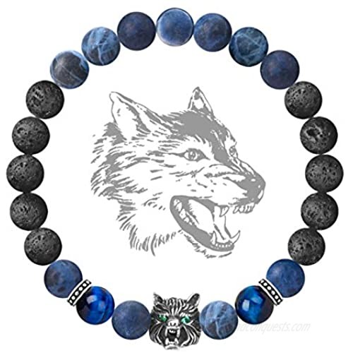 Karseer Viking Wolf Head Charm Healing Crystal Stress Relief Anti Anxiety Energy Stone Beaded Bracelet