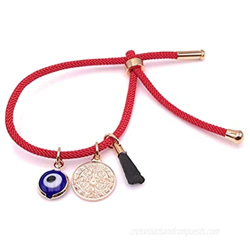 LESLIE BOULES 18K Gold Plated Saint Benedict Red String Bracelet Adjustable Charm Evil Eye & Dainty Genuine Azabache Hand